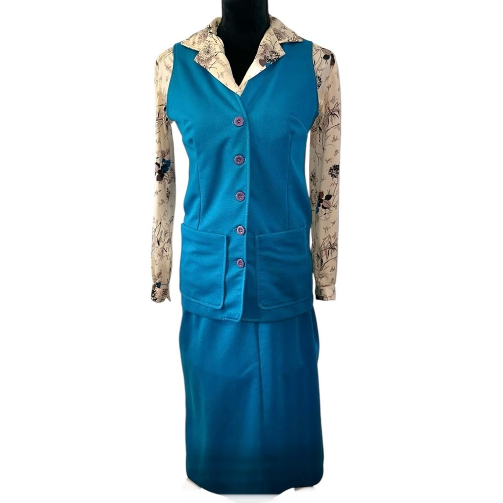 Vtg 3 Piece Women’s 70s Vest And Skirt Set With Blouse Size 12 Teal Blue